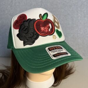 Green Trucker Hat‎ – Sequin Patch Apple, Heart, Rose, B Letter – Otto Brand Mesh